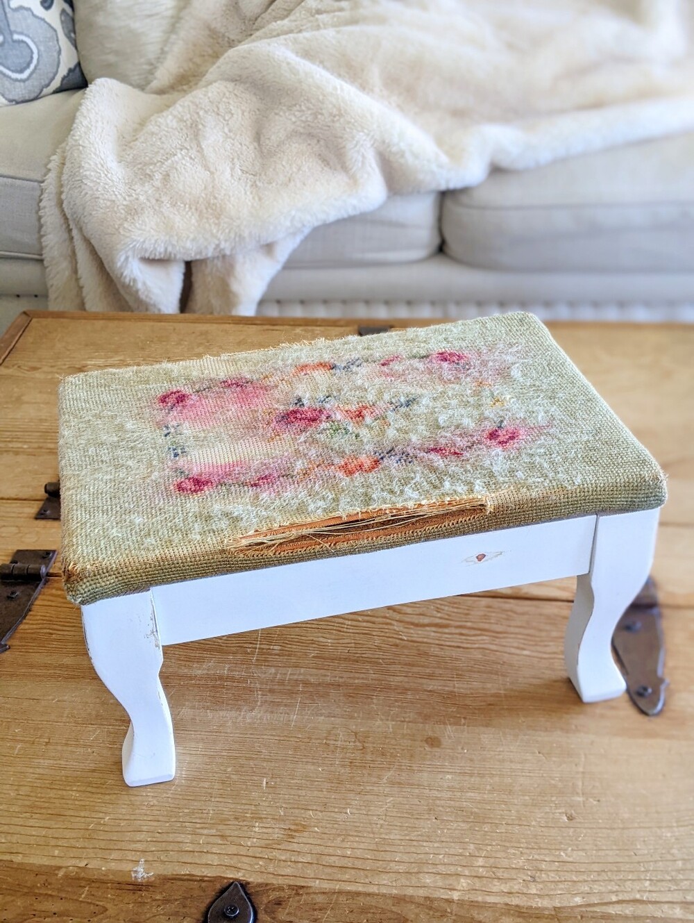 Antique Handcrafted Floral Wool Needlepoint Footstool